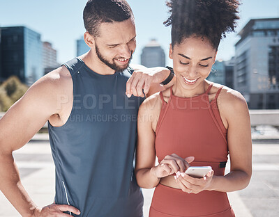 Buy stock photo Fitness, workout and black couple with phone in city for running, marathon training and workout. Love, sports and man and woman on smartphone for social media, internet and health progress mobile app