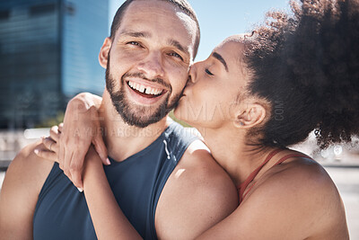 Buy stock photo Couple with fitness, kiss in portrait outdoor and love, exercise in city with motivation and health together. Black woman hug man, sports and training with partnership, commitment and relationship 