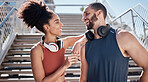 Fitness, city and happy couple doing an outdoor workout for health, wellness and sport training. Sports, happiness and young man and woman athletes doing cardio exercise together for race or marathon