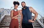 Black couple, stairs portrait and exercise in city for goals, motivation and urban outdoor workout with music. Couple teamwork, fitness and support for health, wellness and training in Cape Town sun