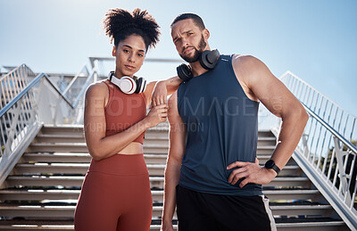 Buy stock photo Black couple, stairs portrait and exercise in city for goals, motivation and urban outdoor workout with music. Couple teamwork, fitness and support for health, wellness and training in Cape Town sun