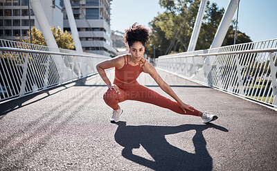 Buy stock photo Stretching legs, fitness portrait and woman on city bridge exercise, runner and training in sports shoes fashion. Warm up, focus and urban athlete on ground workout for body, muscle and health goals