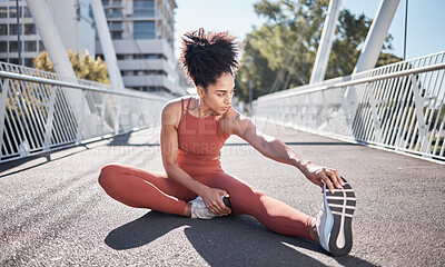Buy stock photo City bridge, stretching legs and woman in fitness exercise, runner workout or training in sports shoes fashion. Warm up, focus and urban athlete on ground for pilates body, muscle and health goals