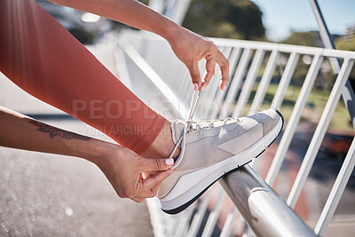 Buy stock photo Start, fitness and shoe of woman in city for training, exercise cardio and workout in Australia. Shoes, motivation and runner tying laces for outdoor sports running for health and body performance