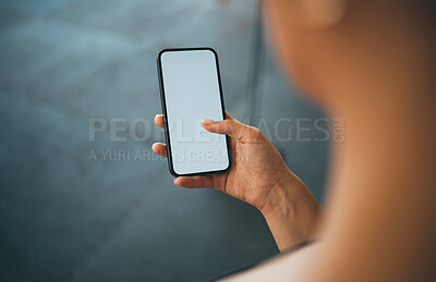 Buy stock photo Woman hands, phone and blank screen for advertising, marketing brand mockup and website communication. Smartphone, green screen and social network, online internet or digital tech social media app 