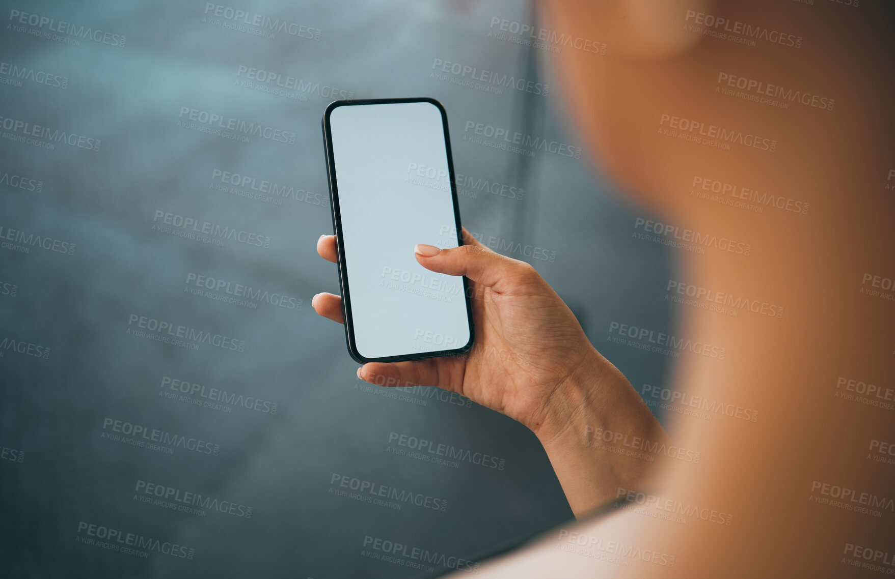 Buy stock photo Woman hands, phone and blank screen for advertising, marketing brand mockup and website communication. Smartphone, green screen and social network, online internet or digital tech social media app 