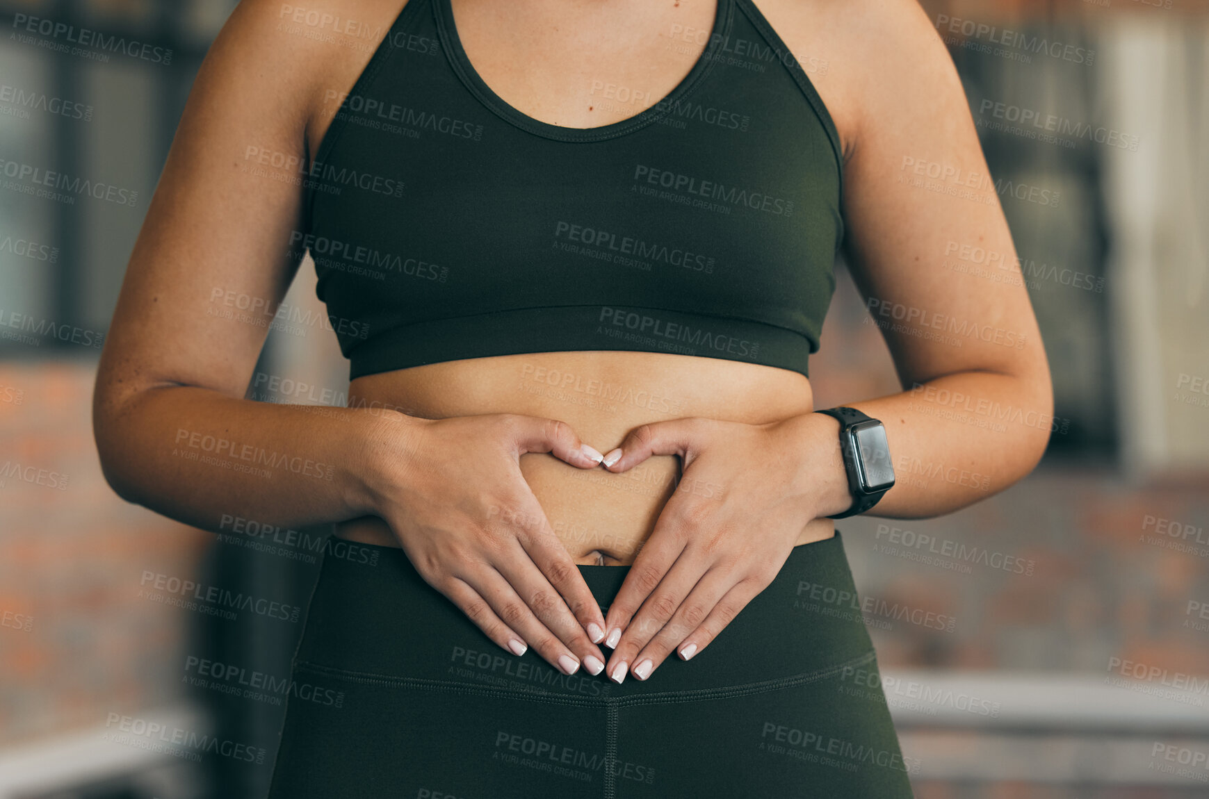 Buy stock photo Closeup, woman and touch stomach, fitness and healthy lifestyle with diet, workout and body care. Female person, lady and feel tummy for wellness, digestion and motivation for slimming and exercise
