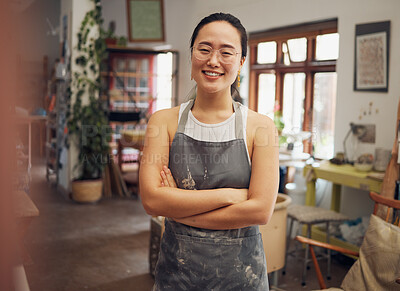 Buy stock photo Pottery, art class and business woman portrait for creative  workshop vision, growth and pride. Asian artist with happy arms crossed for confidence in retail industry, trade or production process