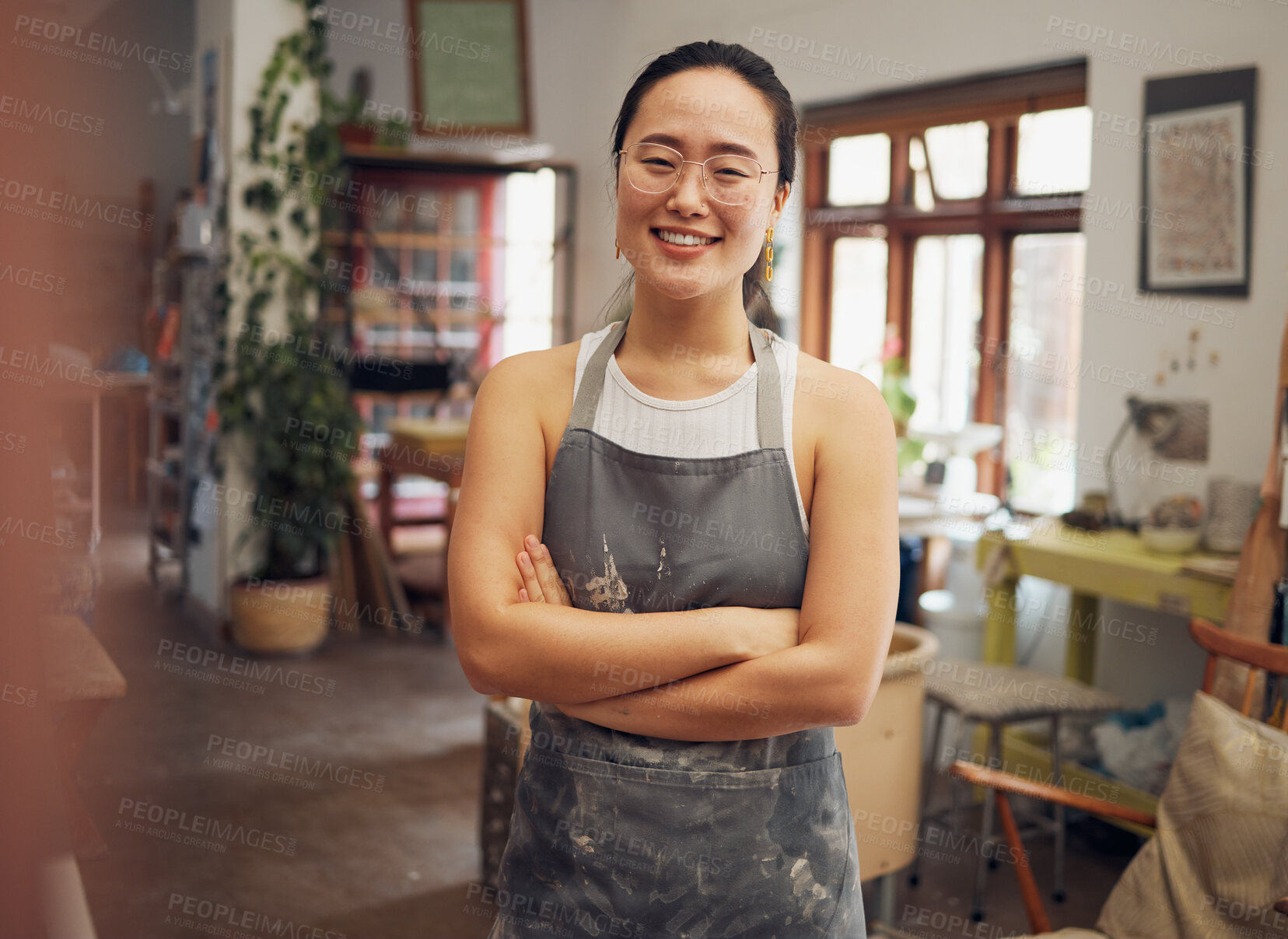 Buy stock photo Pottery, art class and business woman portrait for creative  workshop vision, growth and pride. Asian artist with happy arms crossed for confidence in retail industry, trade or production process