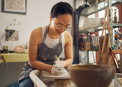 Buy stock photo Clay, sculpture or creative woman in workshop working on an artistic cup or mug mold in small business. Smile, Asian girl or happy Japanese worker manufacturing pottery products as entrepreneur 