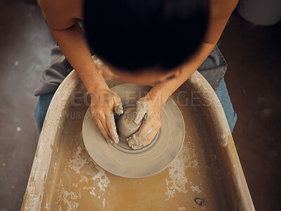 Buy stock photo Hands, pottery and clay mold in the workshop for art, design or creative small business startup. Hand of employee artist in craft, molding or shaping with ceramics for creativity at the workplace