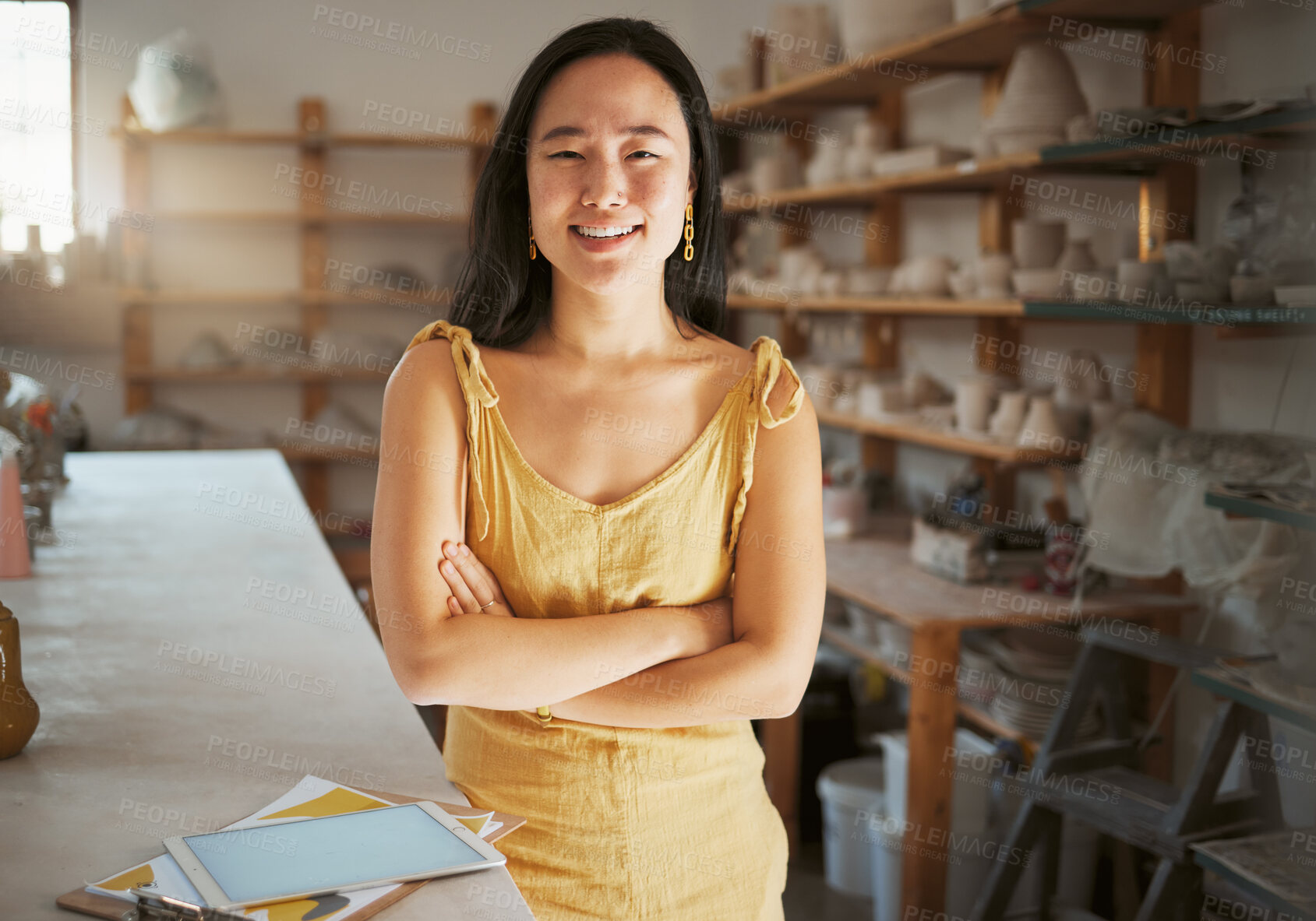 Buy stock photo Asian woman, portrait and ceramic business art studio for product manufacturing, sculpture artist and creativity retail store. Pottery workshop, artistic woman success and creative artwork happiness