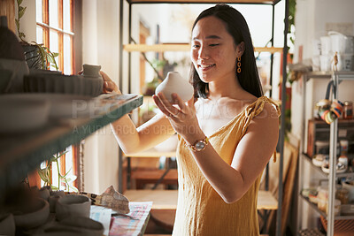 Buy stock photo Art, store and creative business woman with pottery, product and startup vision in her studio, happy and smile. Ceramic, sculpture and asian woman excited about dream job and small business in Japan