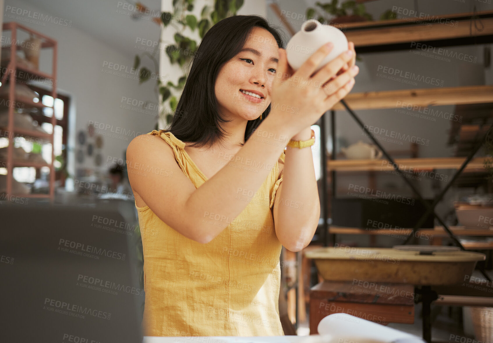 Buy stock photo Happy woman, ceramic product and class in workshop, creative studio and manufacturing startup. Female small business owner, pottery designer and artist working with sculpture, creativity and process