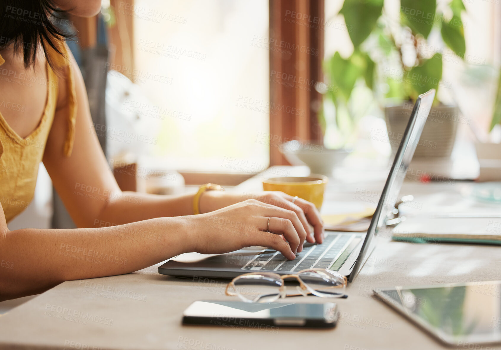 Buy stock photo Computer, woman hands and online working of a remote employee with code work at home. Web research, internet and pc writing of a female freelancer typing on a laptop planning for coding writer job