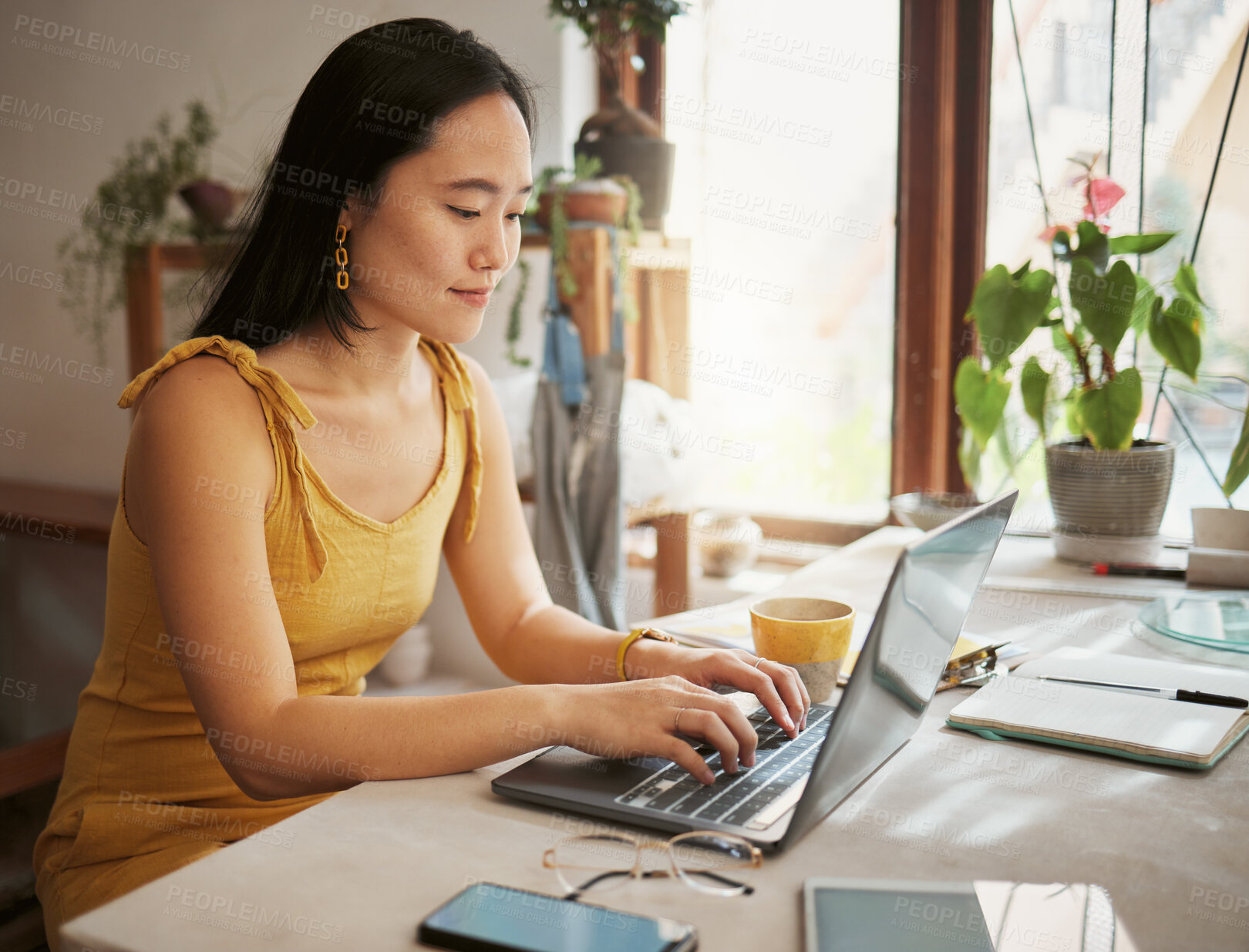 Buy stock photo Working, business woman and computer work of an Asian remote employee typing a schedule. Online research, internet and pc writing of a female freelancer typing on a laptop for web writer job