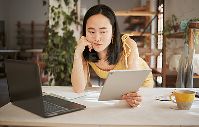 Buy stock photo Thinking, research and tablet with asian woman confused in startup for management, planning or innovation. Idea, vision and creative with small business owner for branding, agenda or web design