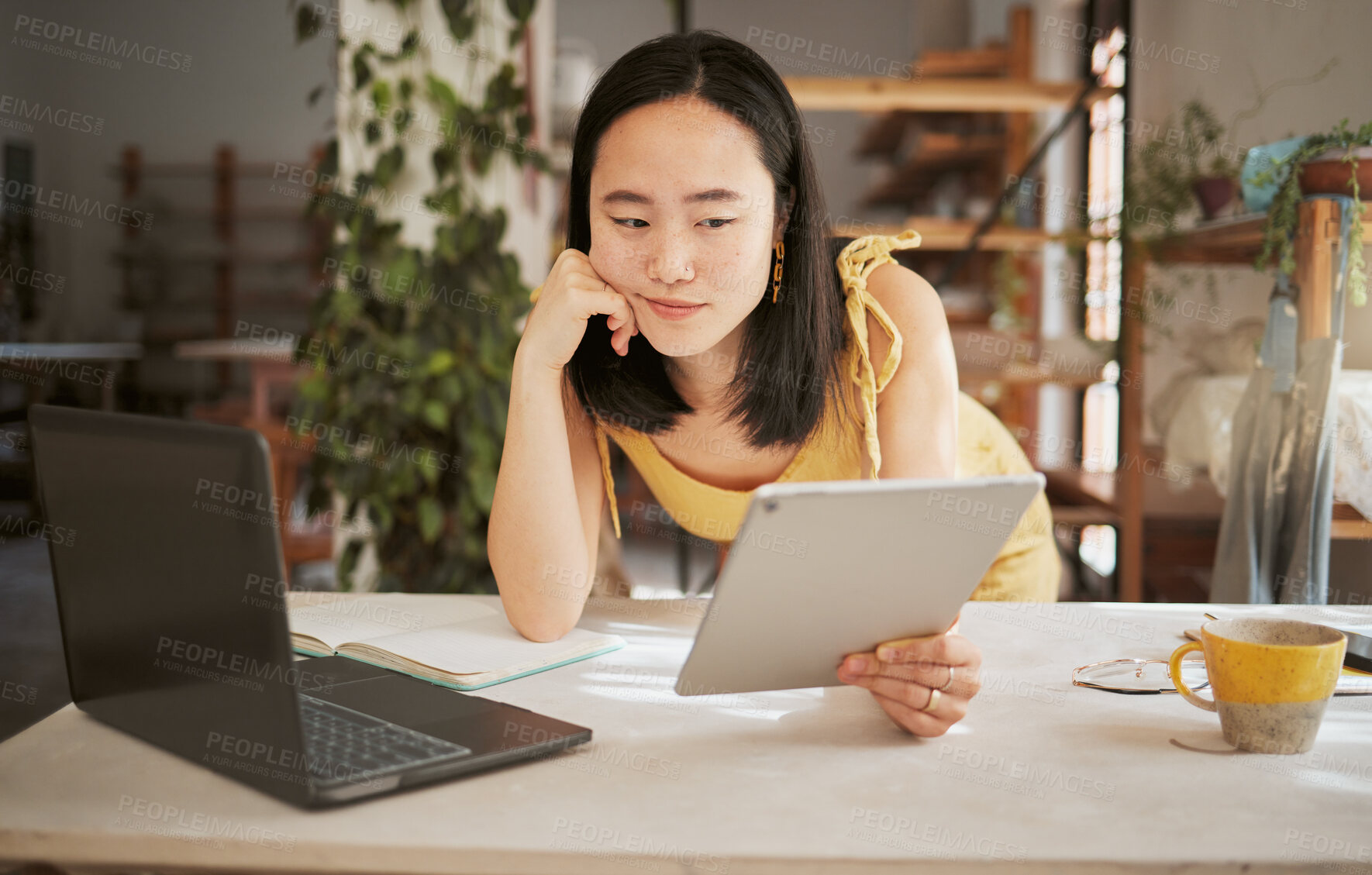 Buy stock photo Thinking, research and tablet with asian woman confused in startup for management, planning or innovation. Idea, vision and creative with small business owner for branding, agenda or web design