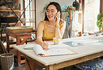 Phone call, illustration and Asian woman for creative startup in planning, conversation and talking to client. Communication, network and girl with graphic design, drawing and notebook for business