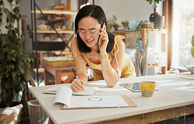 Buy stock photo Phone call, notebook and Asian woman for creative startup in planning, online conversation and talking. Communication, networking and girl with paperwork, illustration and design for art business