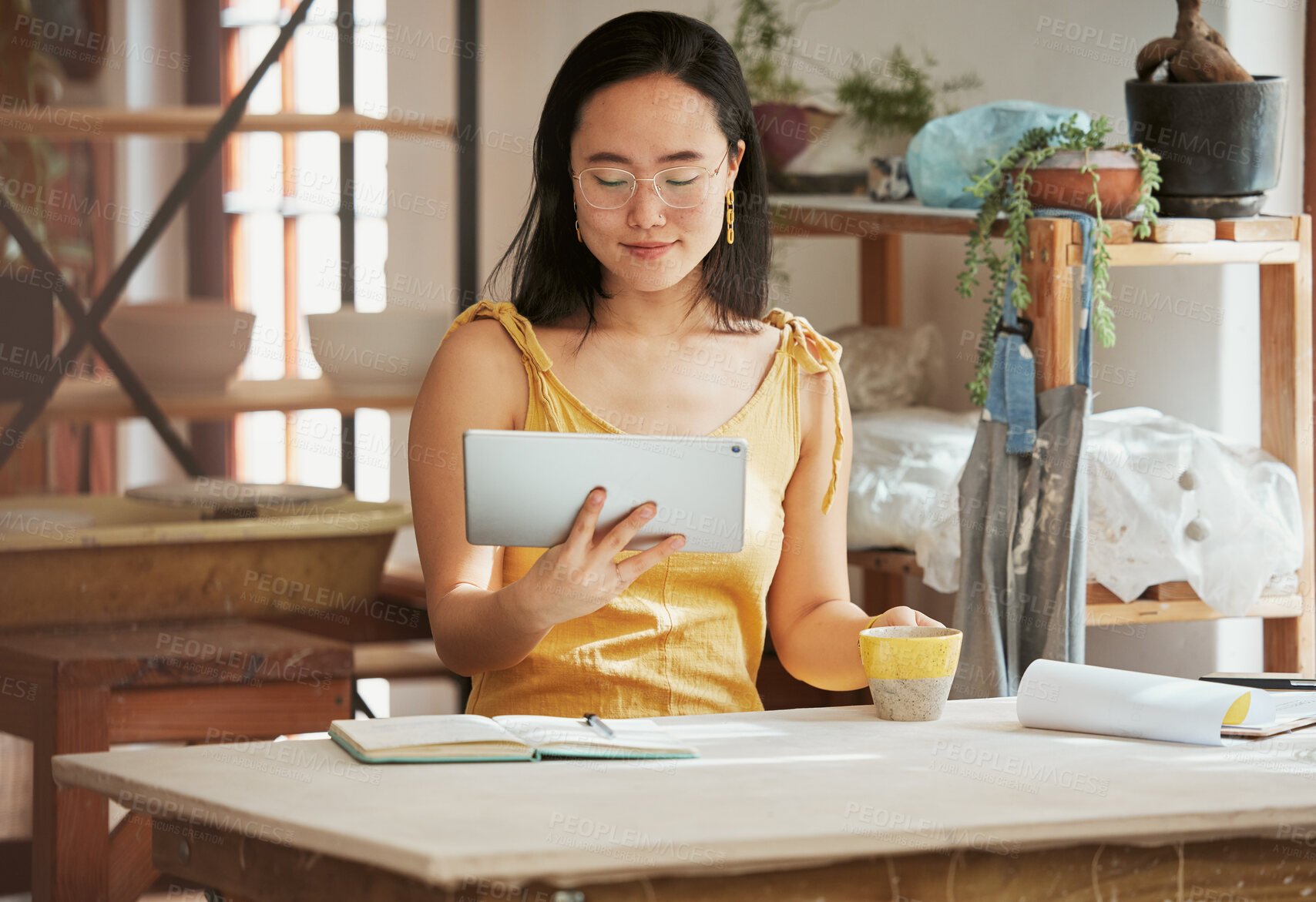 Buy stock photo Thinking, relax and tablet with of asian woman on coffee break in startup for management, planning and research. Idea, vision and creative with small business owner for branding, agenda or web design