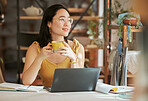 Startup, Asian or business woman with coffee thinking and daydreaming for networking strategy or blog content search. Focus, tea or girl with laptop looking out window for creative social media idea