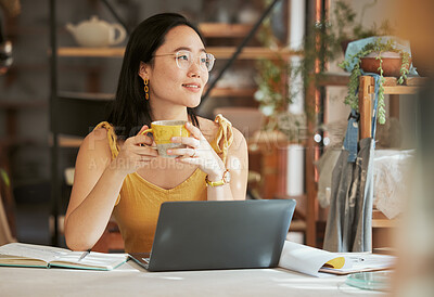 Buy stock photo Startup, Asian or business woman with coffee thinking and daydreaming for networking strategy or blog content search. Focus, tea or girl with laptop looking out window for creative social media idea