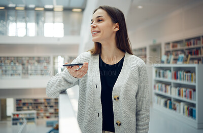Buy stock photo Phone, library and university woman in a education and learning building with a mobile talking. Books, student and research conversation of a college tutor with smile ready for study and book search