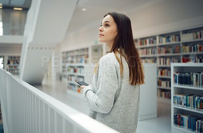 Buy stock photo Library, thinking student and woman with phone in university, college or school. Ideas, scholarship and female with mobile smartphone for knowledge, researching or studying, learning and education.