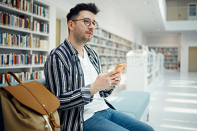 Buy stock photo Smartphone, library and student with university idea, knowledge or mindset for education, college or research with wifi services. Campus, bookshelf and man relax, thinking with cellphone and backpack