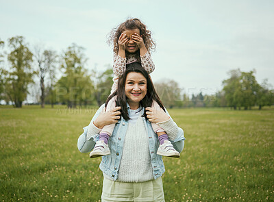 Buy stock photo Mom, girl and sitting on shoulders outdoor for happiness, bonding or care in nature together in spring. Woman, kid and happy family for vacation, love or play on grass field for fun at Toronto park