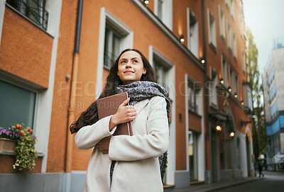 Buy stock photo Business woman, tablet and thinking in the city of a freelance travel writer by buildings. Writing idea, technology and worker by a urban building with a happy smile about holiday traveling for work