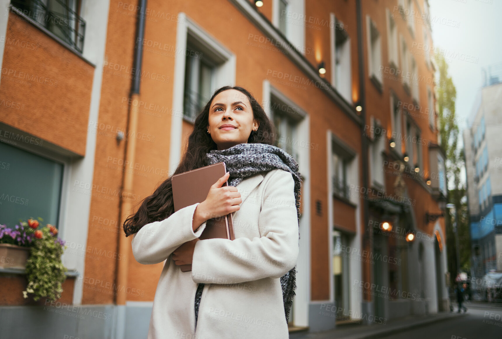 Buy stock photo Business woman, tablet and thinking in the city of a freelance travel writer by buildings. Writing idea, technology and worker by a urban building with a happy smile about holiday traveling for work