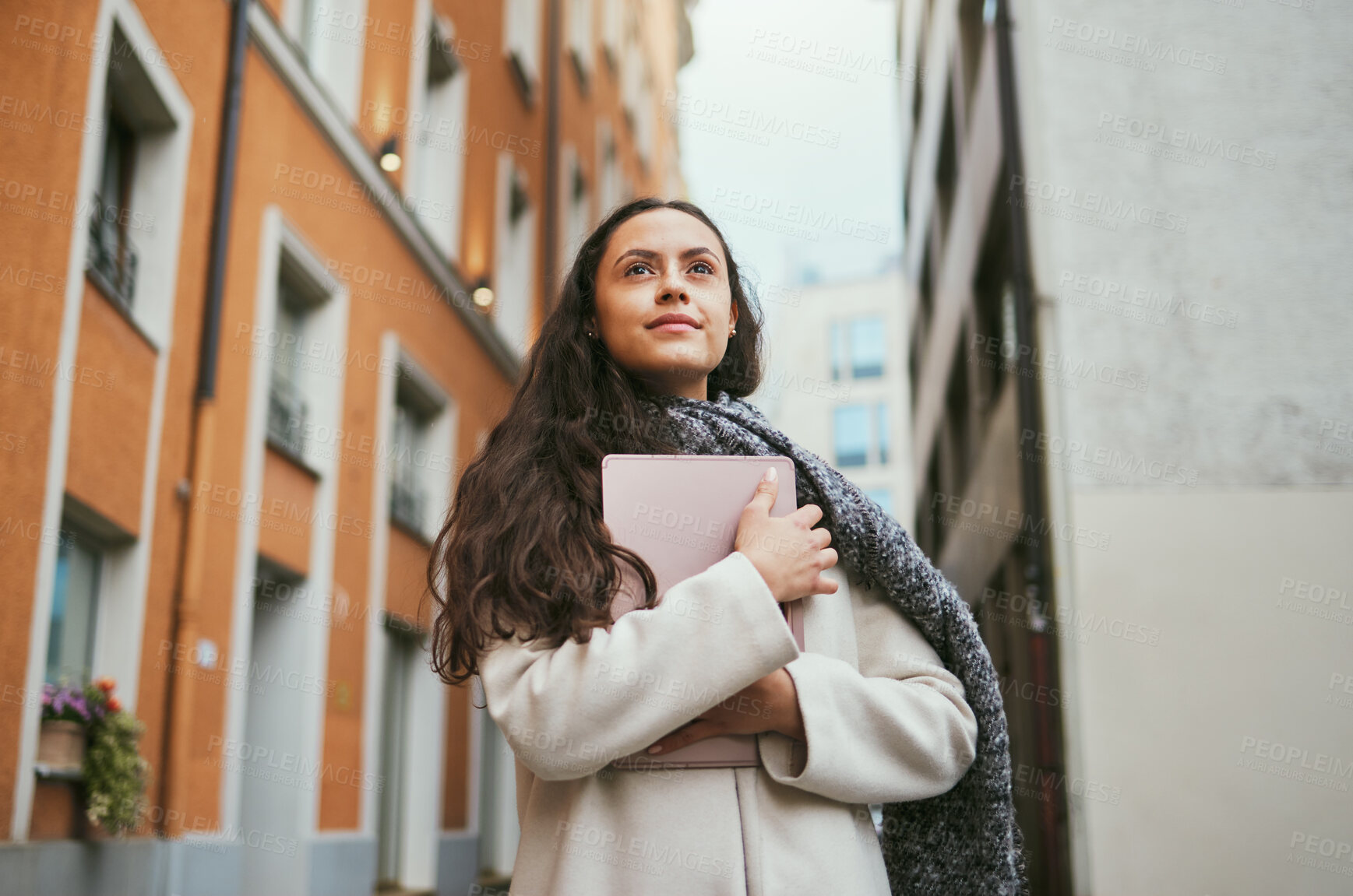 Buy stock photo Woman, tablet and idea in a city of a freelance travel writer thinking of buildings architecture. Writing, tech and worker by a urban building with a happy smile about holiday traveling for work