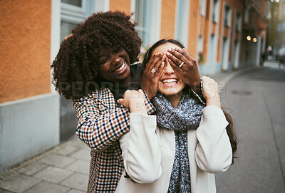 Buy stock photo Women, bonding or hands covering eyes in hide and seek, playful or comic game in New York City, road or street. Smile, happy or fun friends and surprise hand gesture in travel freedom or wow birthday