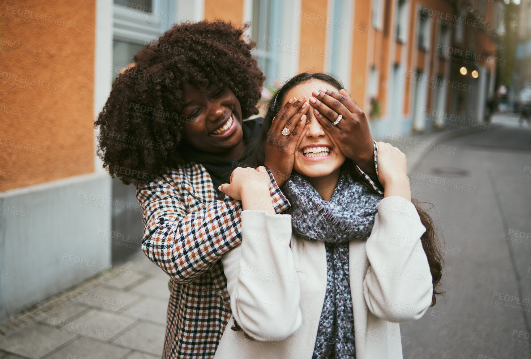 Buy stock photo Women, bonding or hands covering eyes in hide and seek, playful or comic game in New York City, road or street. Smile, happy or fun friends and surprise hand gesture in travel freedom or wow birthday