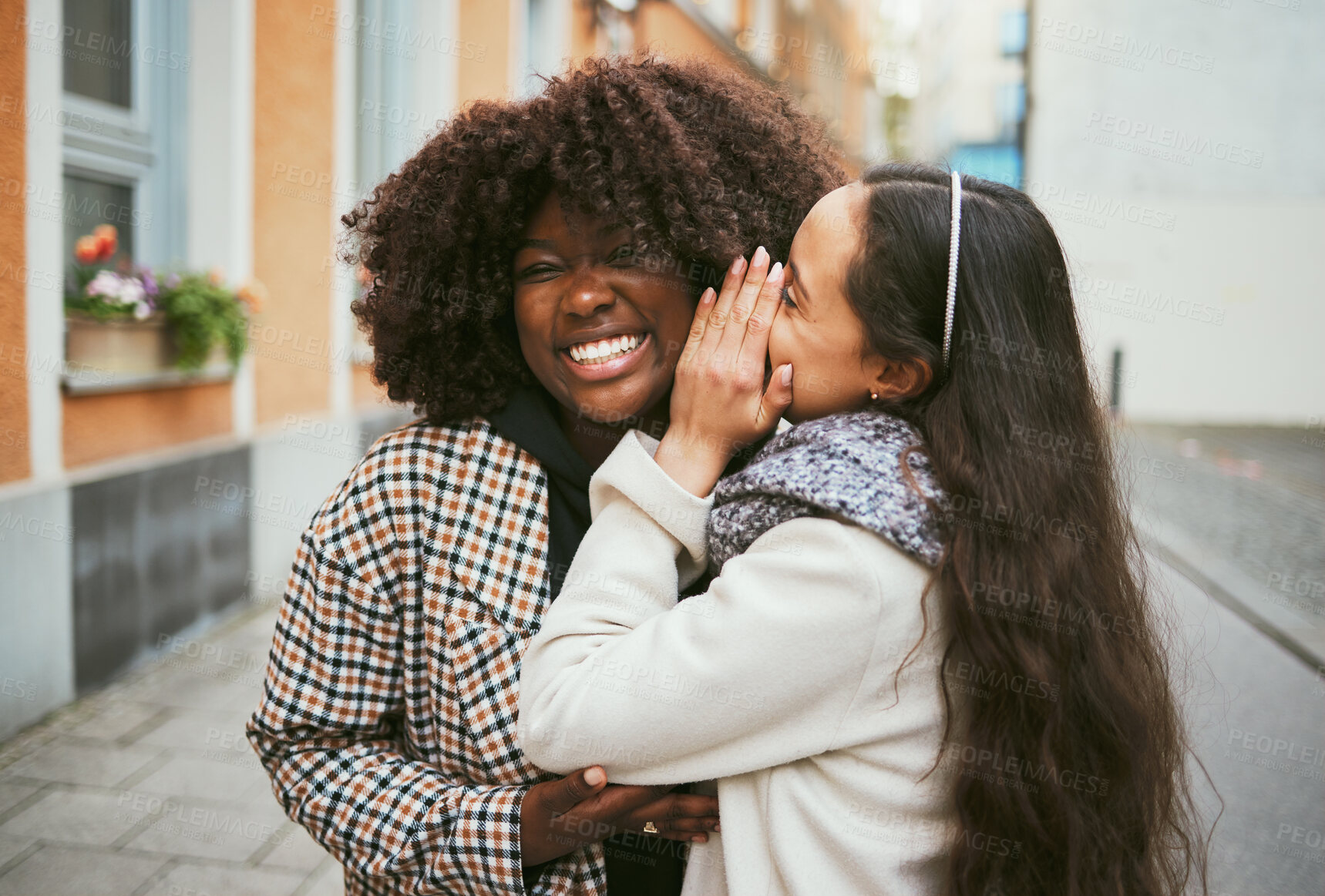 Buy stock photo Women, laughing or whispering secret in city street, road or urban London for gossip, story or news. Smile, happy or friends talking into ear in bonding travel with funny surprise, comic or meme joke