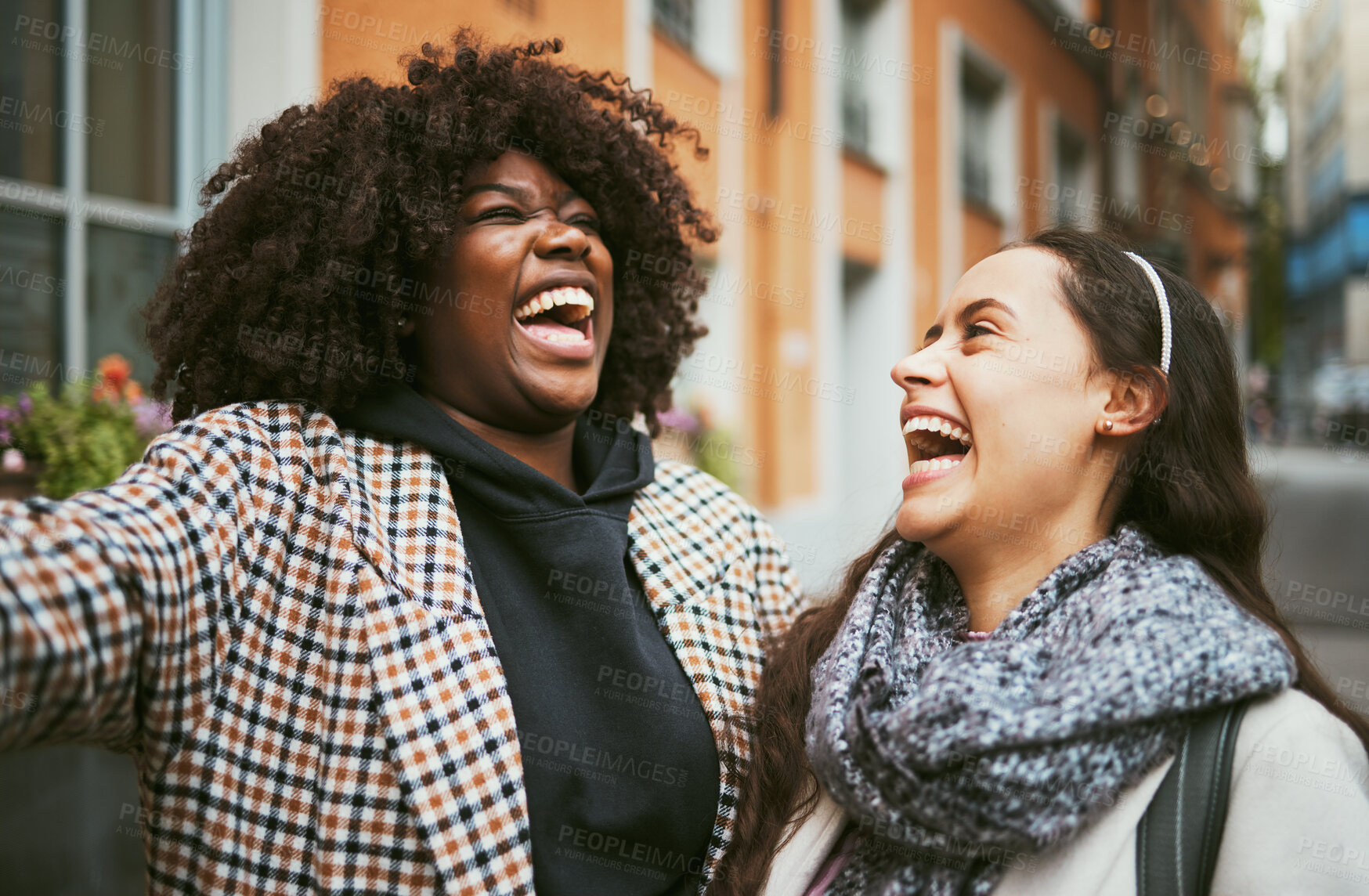 Buy stock photo Friends laughing, funny with adventure and travel in city, happy people and women together in Italy for holiday. Happiness, comedy and diversity with vacation together, tourist and comic, fun and joy