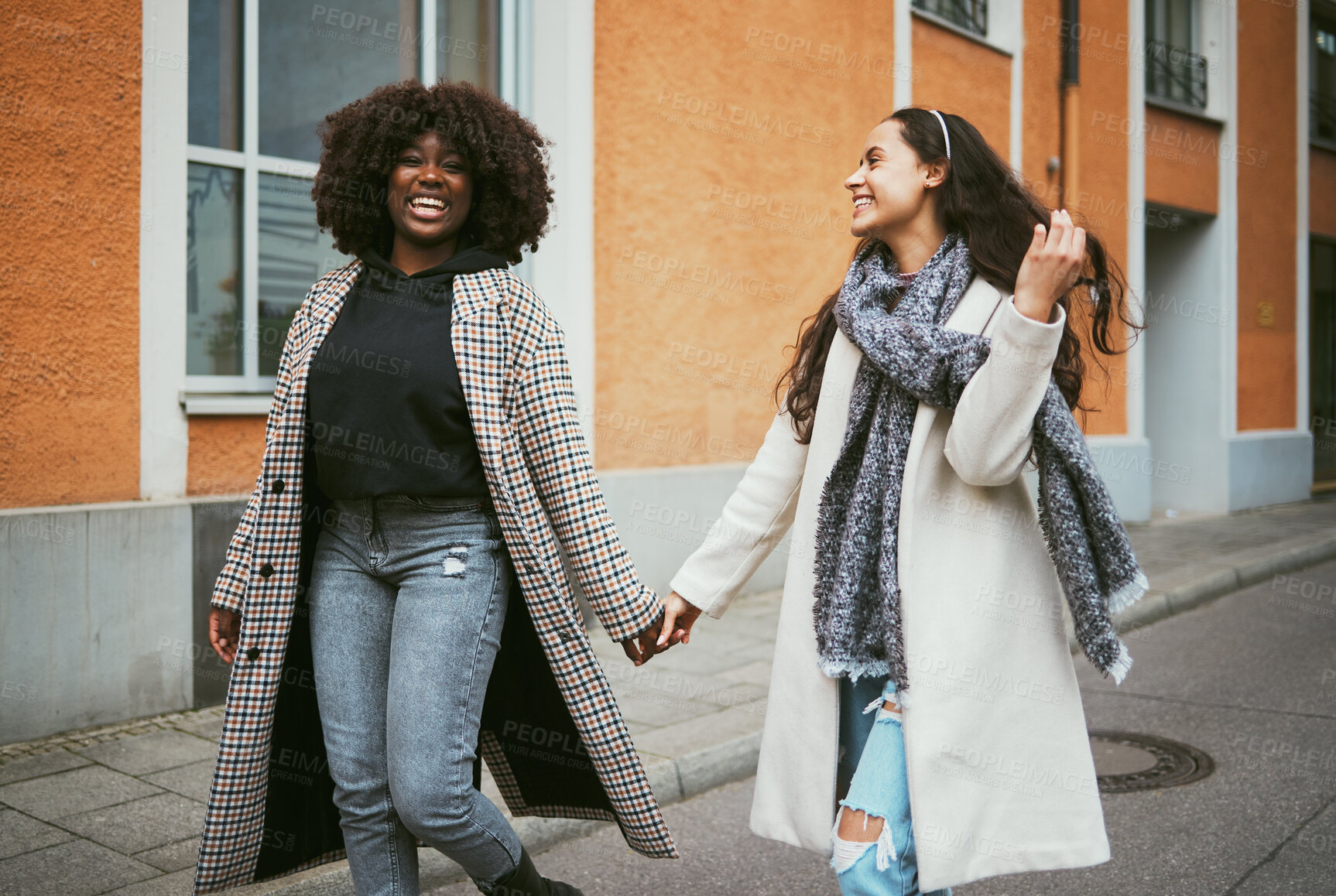 Buy stock photo Travel, holding hands and lesbian couple walking in street enjoying holiday, vacation and adventure. Fashion, lgbtq relationship and women dating for happy lifestyle, freedom and relaxing on weekend