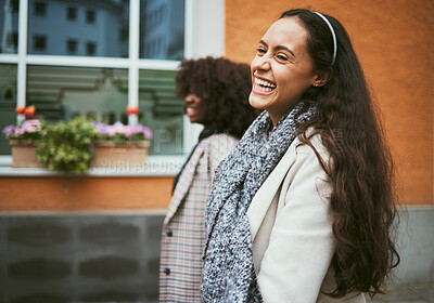 Buy stock photo Fashion, friends and women walking in street enjoying holiday, vacation and adventure on weekend. Travel, friendship and happy girls smile for carefree lifestyle, freedom and relaxing in urban town