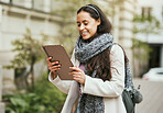 Social media, digital writing and travel woman working and watching a video on a city street. Online communication, happy and young student in urban outdoor from Brazil smile about 5g screen message