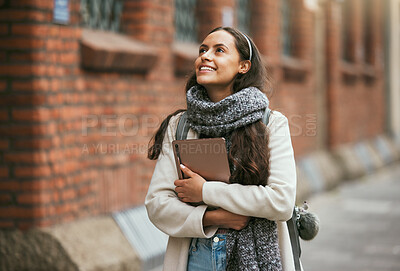 Buy stock photo Travel, city and student walking with tablet on outdoor adventure in sidewalk street, road or journey In Chicago USA. Urban architecture buildings, opportunity or happy woman smile on winter vacation