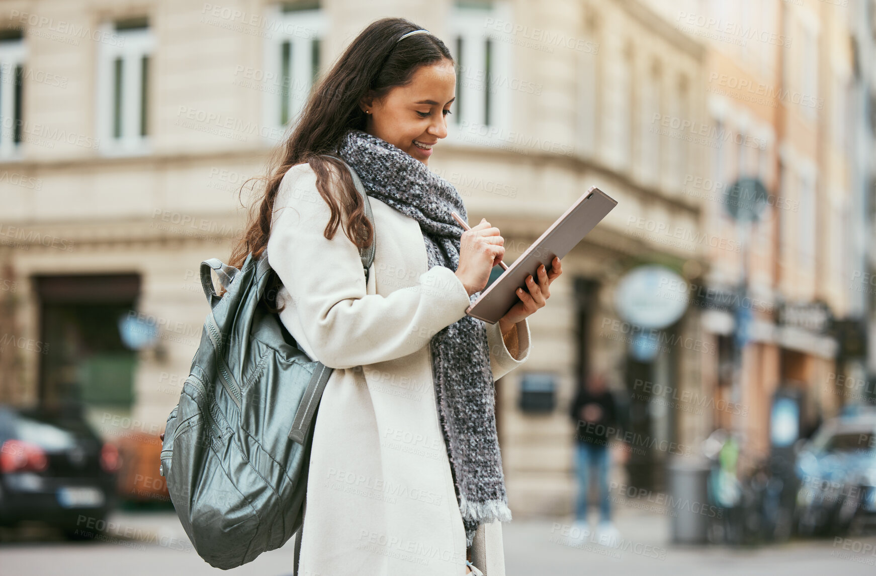 Buy stock photo Marketing woman, travel digital writing and tablet blog of journalist working on street for city story. Social media, happy and young urban reporter outdoor from Spain email about creative job vision