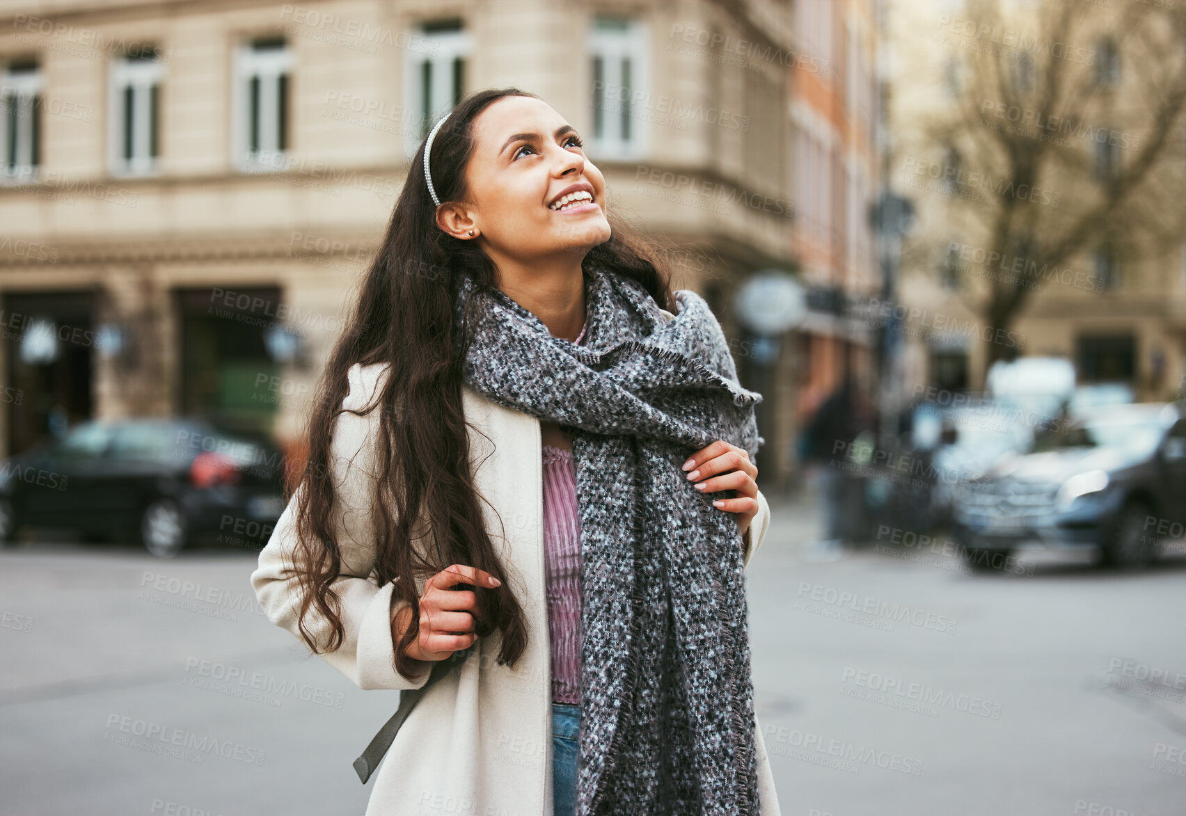 Buy stock photo Walking, city buildings and happy woman on outdoor travel adventure in sidewalk street, road or journey In Chicago Illinois. Urban architecture, beauty and girl smile on winter vacation tour in USA 