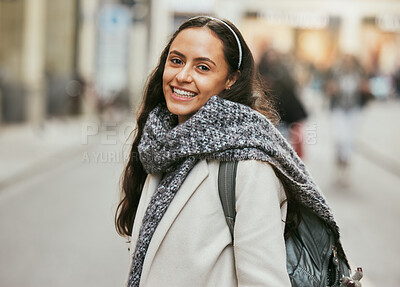 Buy stock photo Travel, city and portrait of woman in street for holiday, student vacation and urban adventure in London. Fashion, walking and face of happy girl enjoying freedom, tourism and journey on weekend