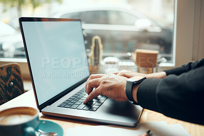 Buy stock photo Laptop screen, mockup and hands in coffee shop for e learning, student online education and phd research. Computer mock up, internet cafe and person studying, typing and website information search