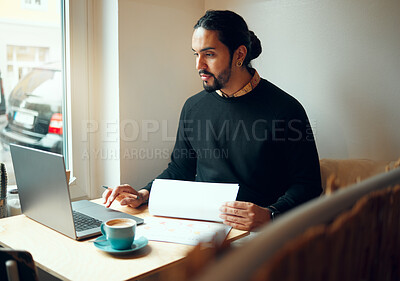 Buy stock photo Cafe, research or business man on laptop in coffee shop for strategy planning, life insurance or networking. Remote work, documents or employee on technology for data review, contract or analytics