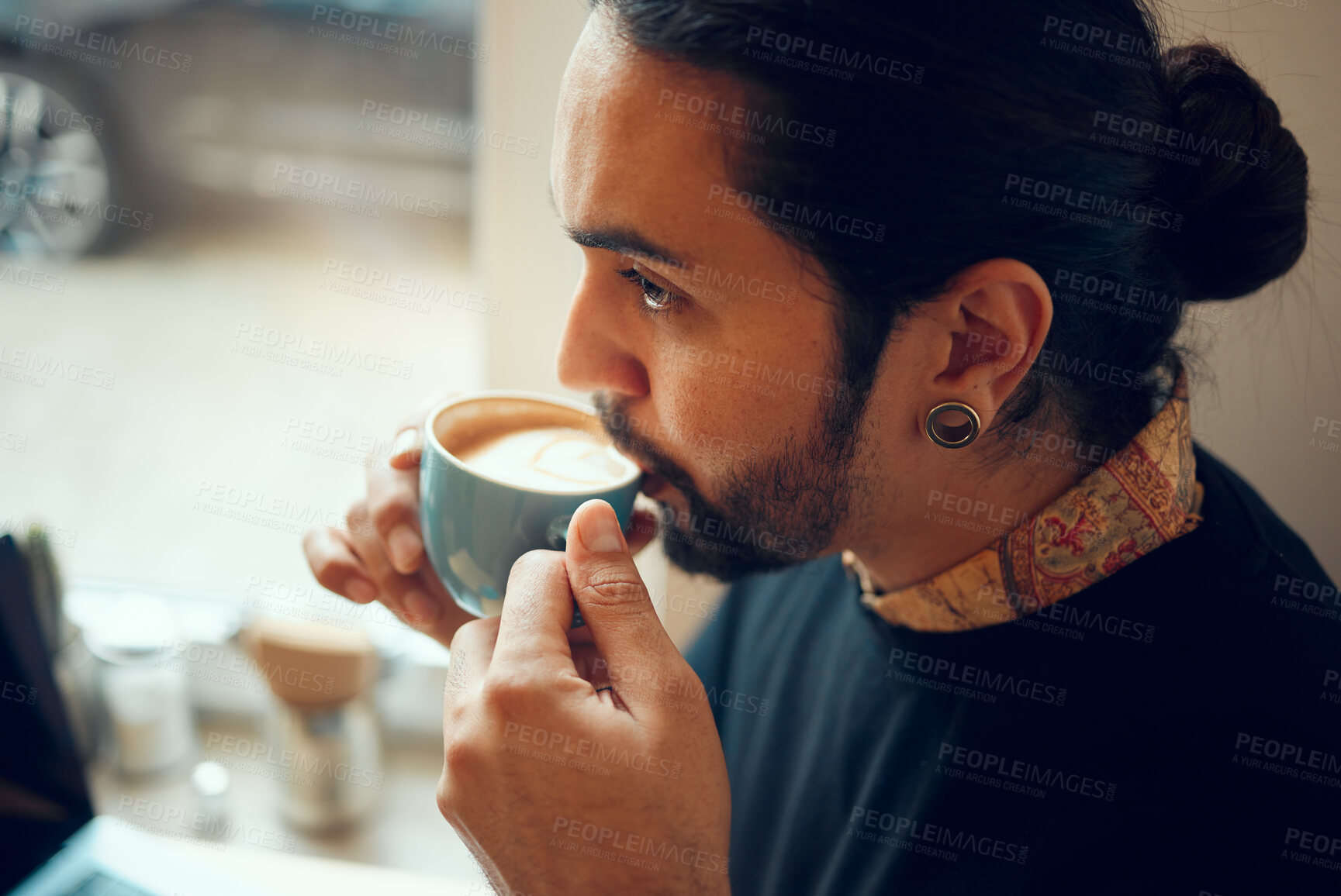 Buy stock photo Startup employee, cafe or man drinking coffee in restaurant thinking during lunch, coffee break or breakfast. Focus face, serious or zoom man in modern Brazil coffee shop with blurred background
