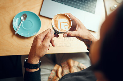 Buy stock photo Coffee cup, man hands and laptop with remote work, planning and wifi internet in retail, business or restaurant marketing background. Coffee shop, cafe and creative table top with hand holding drink