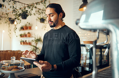 Buy stock photo Startup cafe manager man with tablet for social media, networking or company blog content review. Focus, search or coffee shop employee with tech for social network, research or internet mobile app